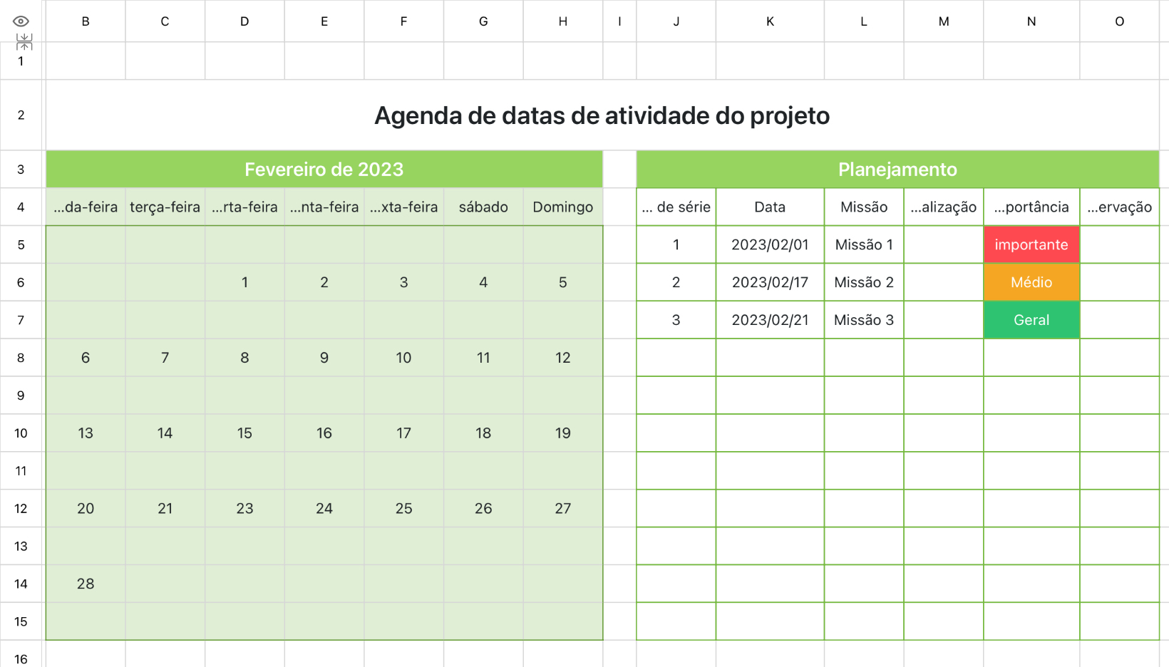 Agenda de datas de atividade do projeto